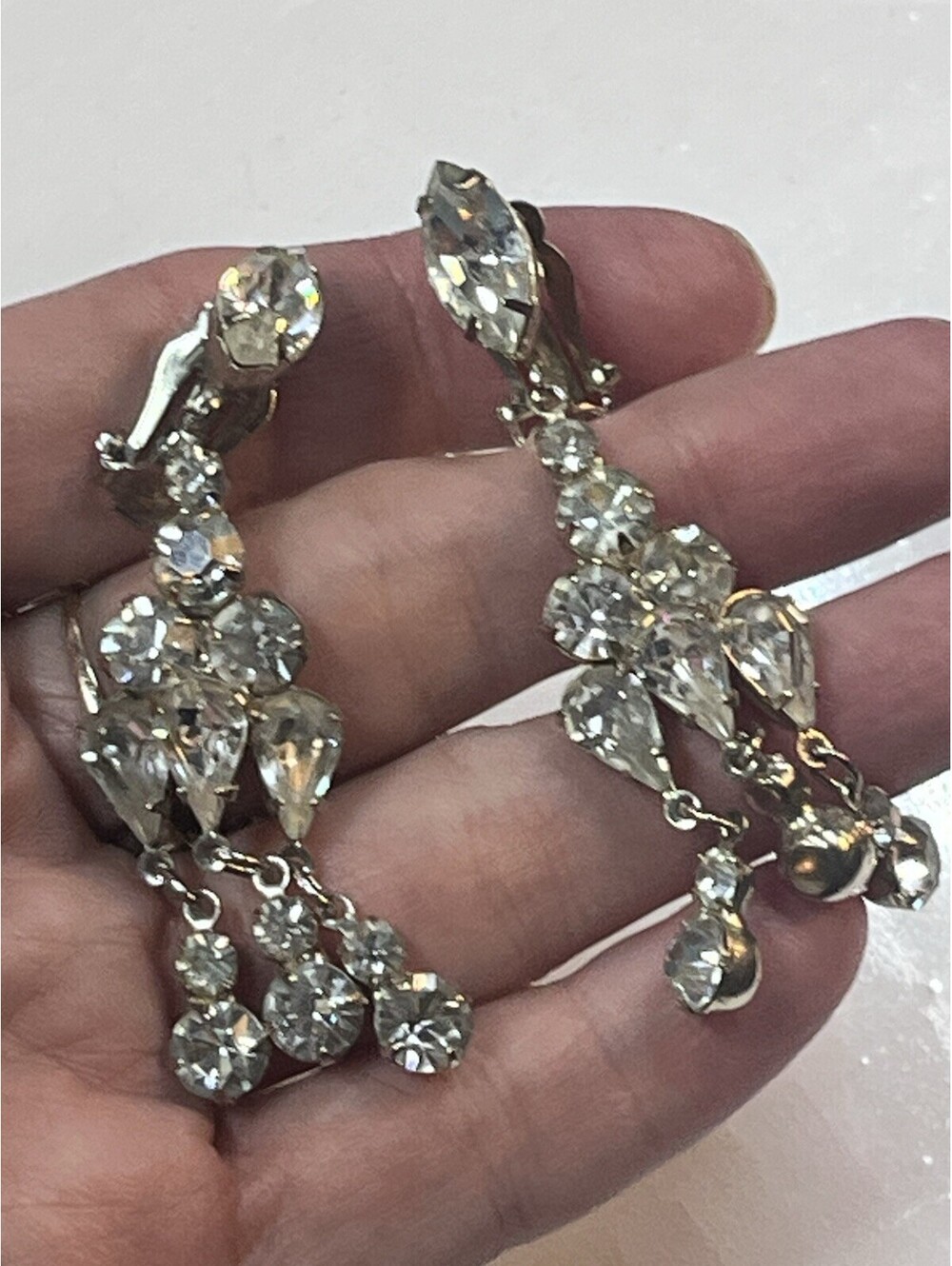 Vintage Clear Rhinestone Chandelier ClipOn Earrings Gold Tone Dangle Bridal Prom